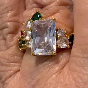 Multi Stone Clear, Green, Blue and Red Ring, Goldtone, NEW, Sz 6